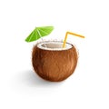 Hand drawn vector coconut drink with a decorative umbrella and a drinking straw.